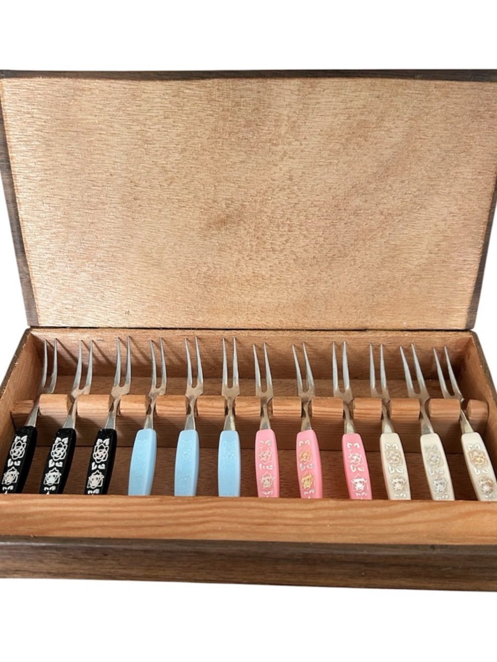 Vintage Floral Handle Kisch Appetizer  Fork Set of 12 in Wooden box
